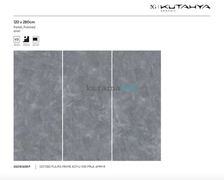 Керамограніт Kutahya | Pulpis Prime Dark Grey/Koyu Gri Polish 120х280 6 мм  208229 фото